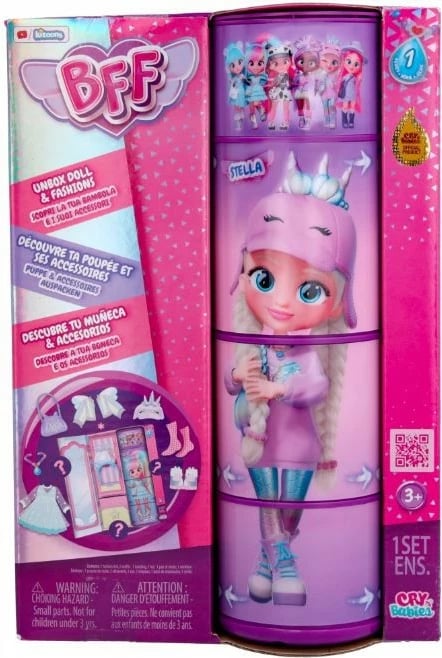 Kukull Cry Babies BFF Stella me 9 aksesorë surprizë, për vajza, 15cm, Rozë