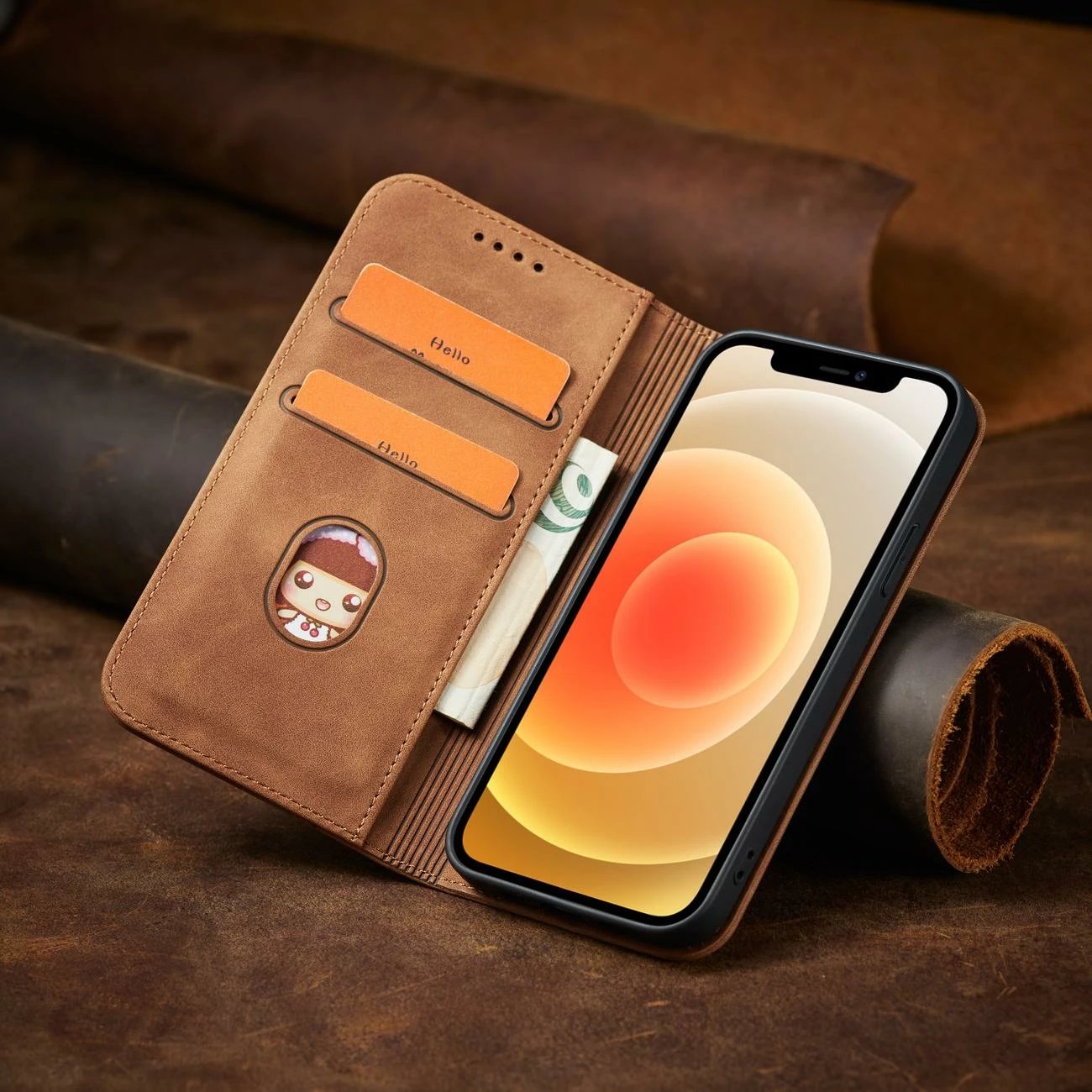 Mbështjellës Hurtel Magnet Fancy Case për iPhone 12 Pro Max, me portofol dhe mbajtëse, Kafe