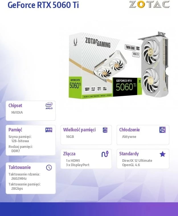 Kartë grafike, ZOTAC GeForce RTX 5060 Ti Twin Edge OC, 16GB GDDR7, 128-bit, PCIe 5.0 x8, e bardhë