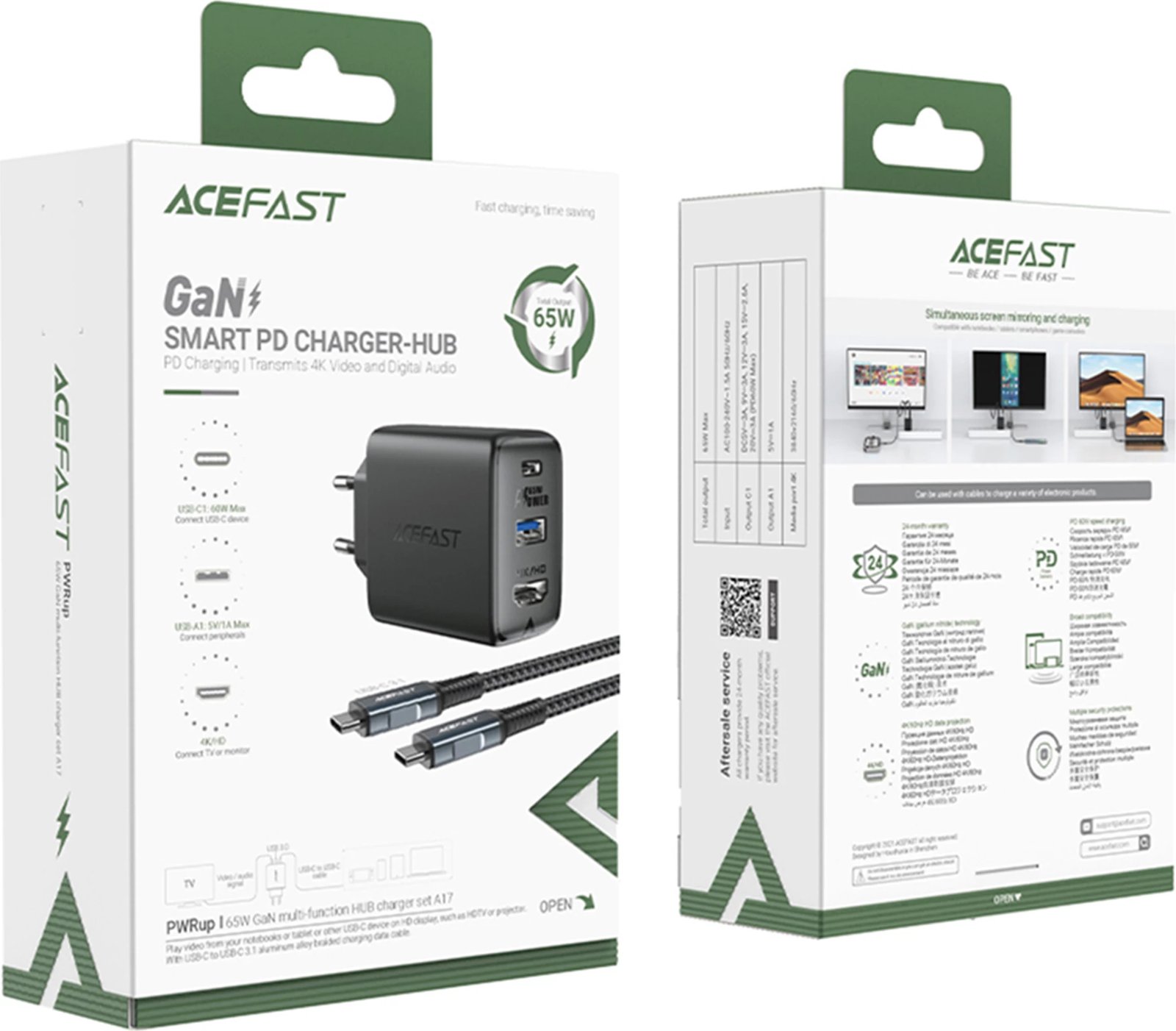 Karikues 2-në-1 Acefast A17, 65W, USB Type C/USB-A, HDMI 4K, me kabllo, Bardhë
