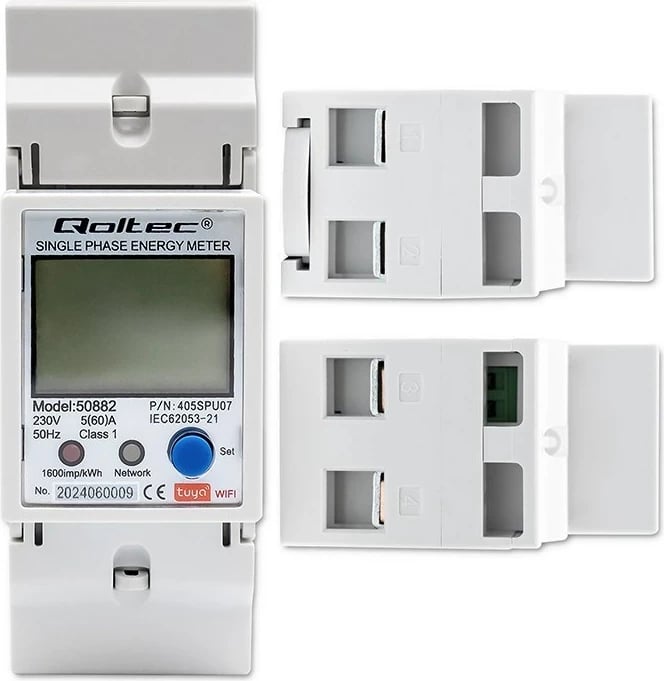 Matës energjie Qoltec 50882, njëfazësh, për DIN rail, Wi-Fi, TUYA, 230V, LCD