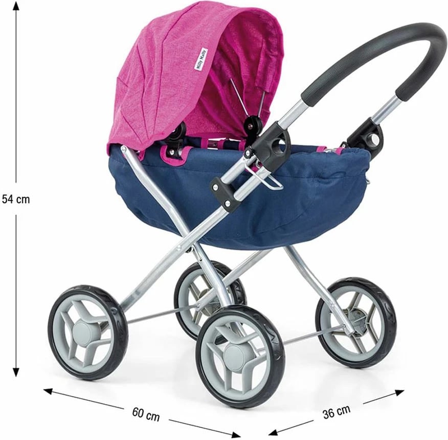Karrocë për kukulla, Milly Mally, Dori Prestige, e thellë për kukulla deri 40 cm, palosëse, blu e errët/rozë