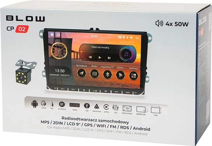 Radio veture BLOW CP02, 2DIN, 9 inç, Android 13, WiFi, GPS, CarPlay, e zezë, me kamerë kthimi