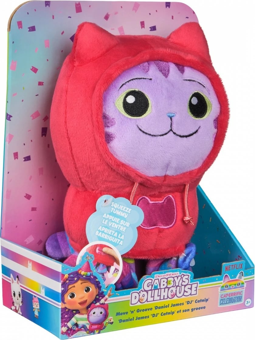 Lodër pelushi Gabby's Dollhouse Spin Master Daniel James DJ Catnip, 25 cm, shumëngjyrëshe