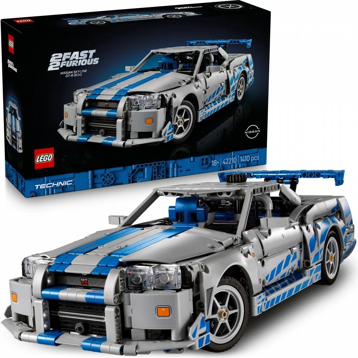Set ndërtimi LEGO Technic Nissan Skyline GT-R R34 Fast & Furious, 1410 pjesë, Gri/Blu