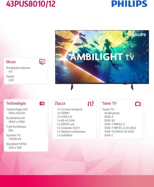 Televizor LED Philips 43PUS8010/12, 43 inç, Ultra HD 4K, Ambilight, Titan OS, i zi