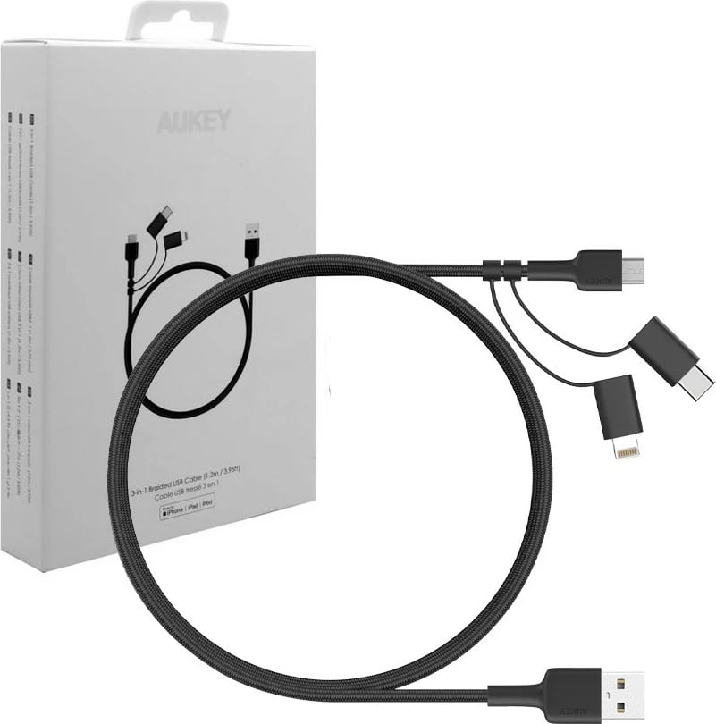 Kabllo 3-në-1 AUKEY CB-BAL5, 1.2m, USB C, Lightning, Micro USB, e zezë