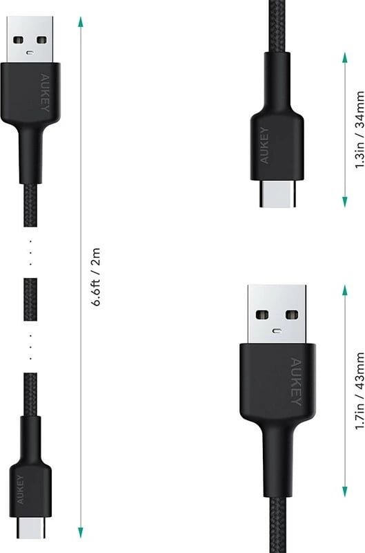 Kabllo USB-C në USB-A AUKEY CB-CA2 OEM 2m PD 60W 3A 20V najlon e zezë set me rrip Velcro