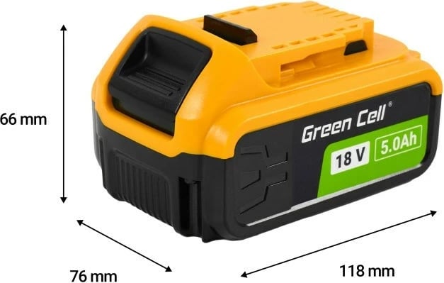 Bateri Green Cell PTDW18V5 për vegla pa kabllo, 5 Ah, 18 V, Verdhë