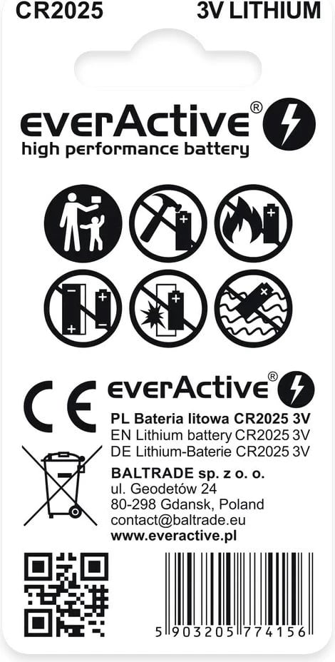 Bateri litium everActive CR2025, 2 copë, argjend