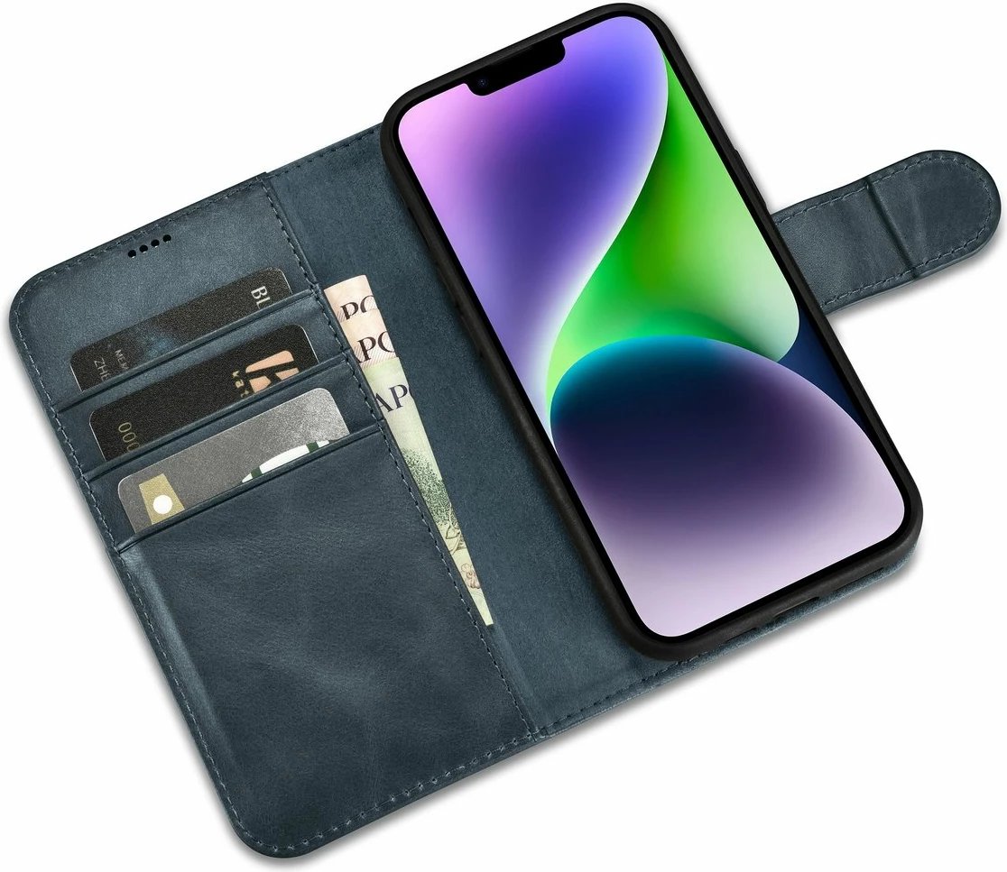 Mbështjellës iCarer Oil Wax Wallet 2in1 për iPhone 14 Plus, lëkurë, Anti-RFID, Blu
