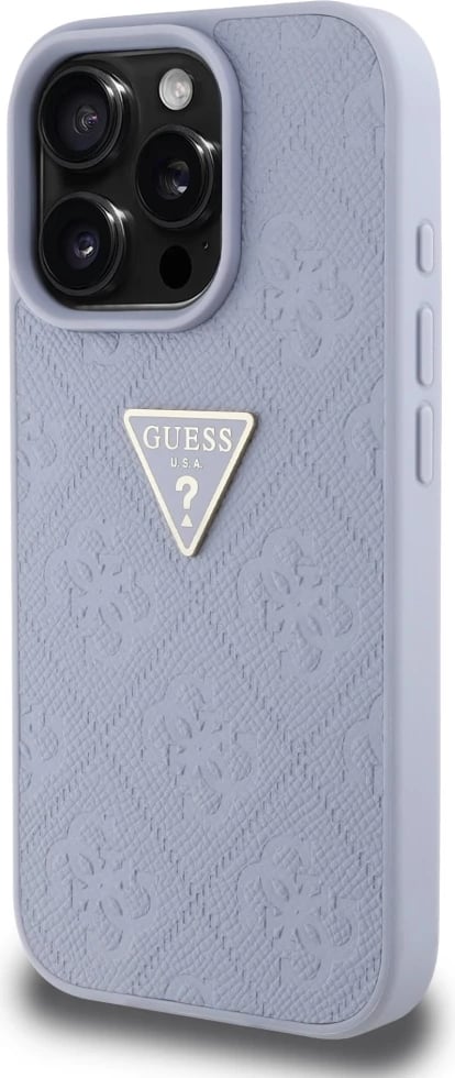 Mbështjellës Guess Hot Stamp 4G Pattern Triangle Metal Logo për iPhone 16 Pro, Vjollcë