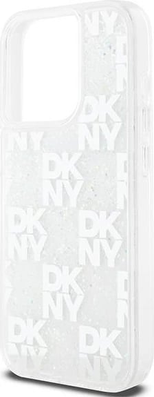 Mbështjellës DKNY Liquid Glitter Multilogo për iPhone 15 Pro, i bardhë