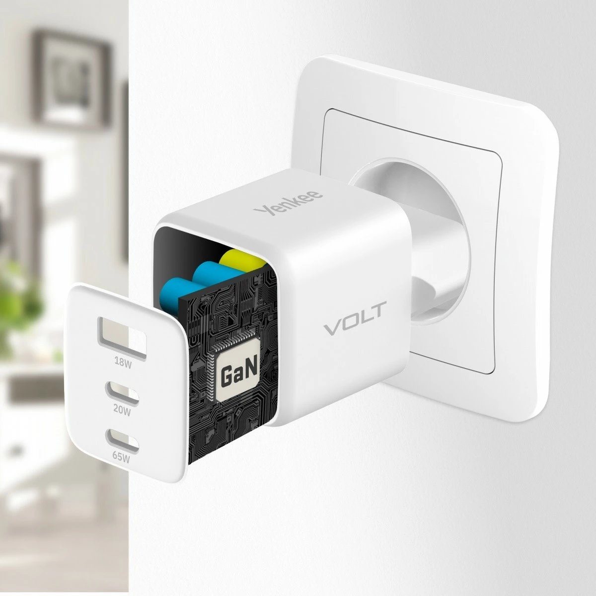 Karikues rrjeti YENKEE YAC G65 VOLT, 65W, 3xUSB, i bardhë
