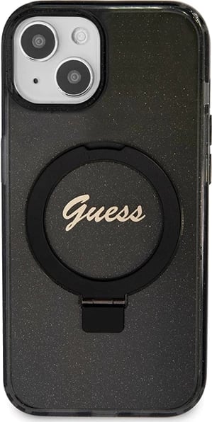 Mbështjellës Guess Ring Stand Script Glitter MagSafe për iPhone 15 Plus / 14 Plus, i zi