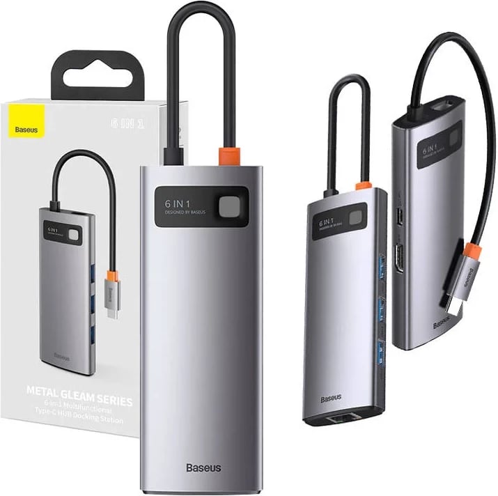 Kasë Baseus Metal Gleam Series CAHUB-CW0G, 6-në-1, USB-C në 3x USB 3.0 + HDMI + USB-C PD + Ethernet RJ45, Gri