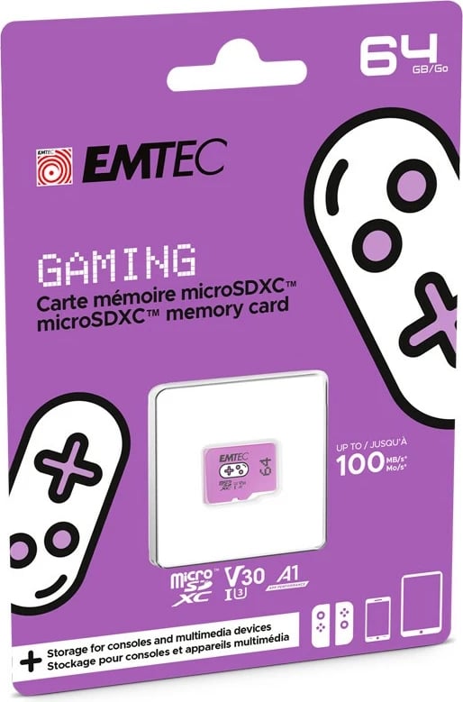 Kartelë memorie EMTEC ECMSDM64GXCU3G, 64 GB, MicroSDXC, UHS-I, Class 3, V30, e purpurt