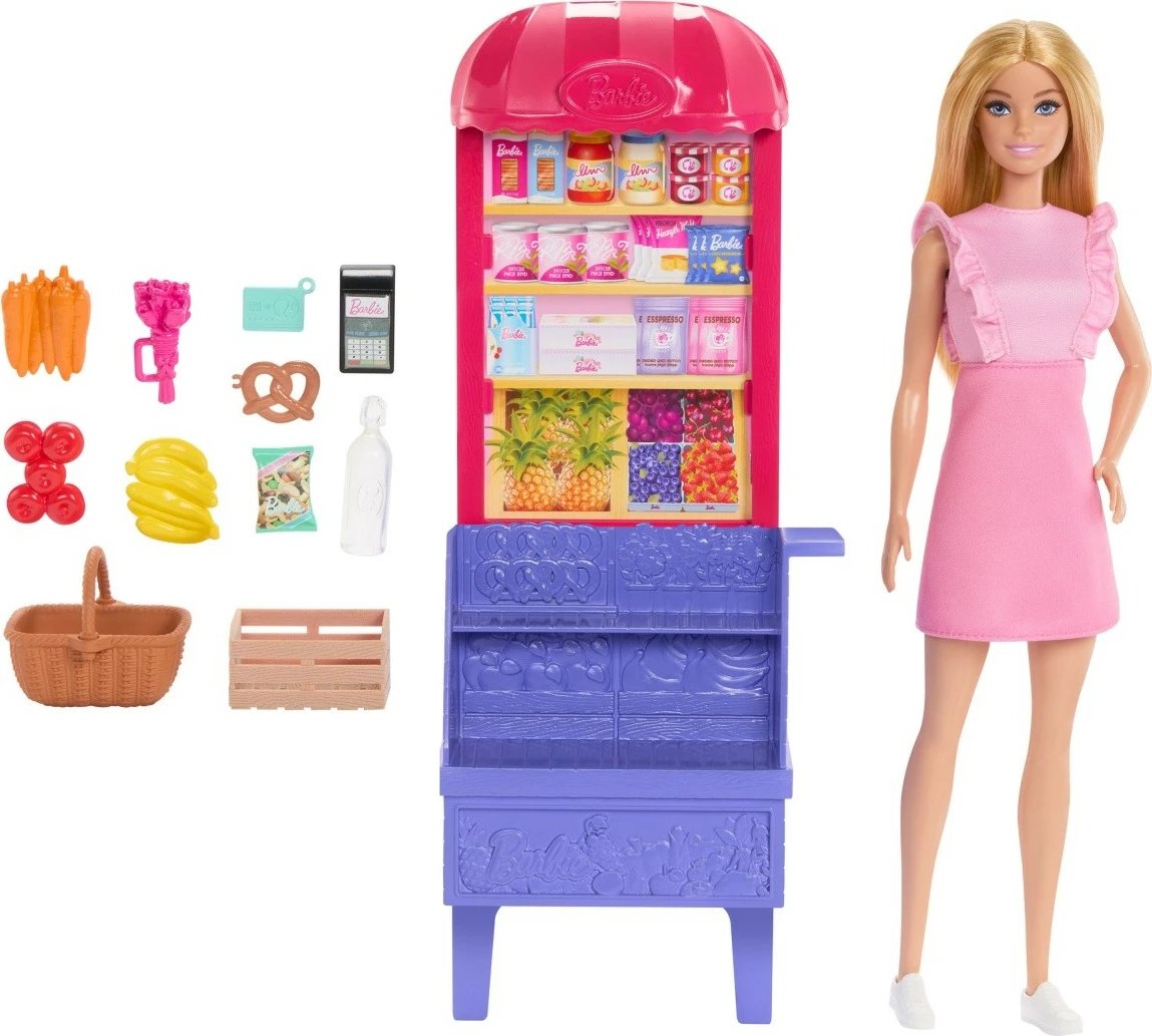 Set lodrash Barbie Mattel JCT05, Malibu Doll Shopping, me stendë dyqani dhe aksesorë, rozë