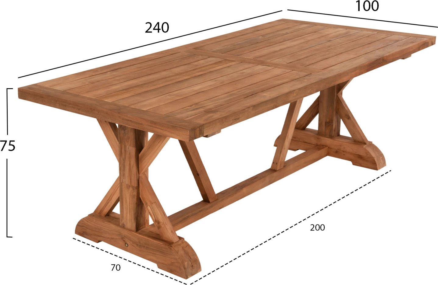 Tavolinë ngrënieje për jashtë, këmbë kryq, FH5964, dru TEAK i ricikluar, ngjyrë natyrale, 240x100x75H cm