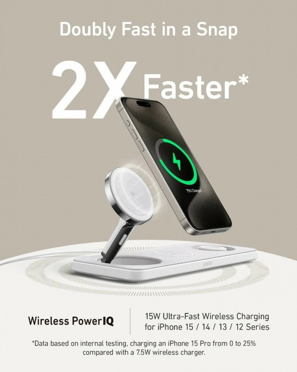 Karikues wireless Anker MagGo 3-in-1 Pad, 15W Qi2, i bardhë