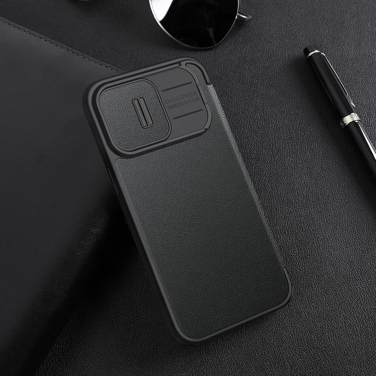 Mbështjellës Nillkin Qin Cloth Pro Case për iPhone 14 Pro Max, me kapak dhe mbulesë kamere, Blu