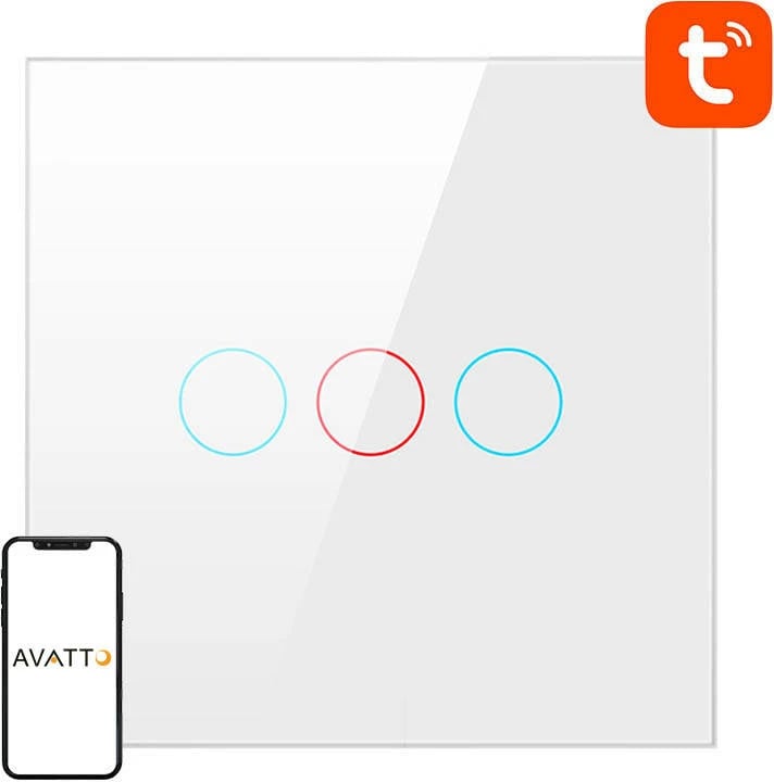 Switch i mençur për drita Avatto TS02-EU-W3, 3 butona, WiFi, i bardhë