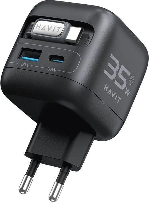 Karikues udhëtimi HAVIT UC250 A-EU GaN me kabllo të zgjatshme, 35W, i zi