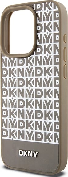 Mbështjellës DKNY Leather Printed Pattern Metal Logo MagSafe për iPhone 15 Pro, Kafe