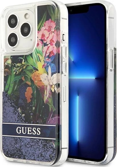 Mbështjellës Guess GUHCP13LLFLSB për iPhone 13/13 Pro 6.1", Flower Liquid Glitter, Blu