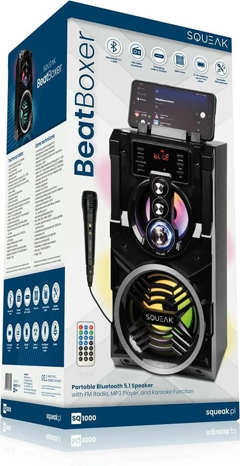 Altoparlant portativ Bluetooth SQUEAK SQ1000 Beatboxer me karaoke, 20W, i zi