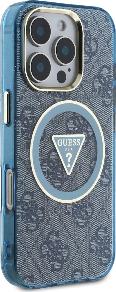 Mbështjellës Guess IML Metal Glitter 4G Circle Triangle MagSafe për iPhone 16 Pro, Blu