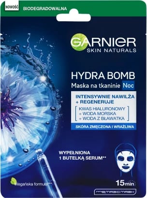 Maskë pëlhure për fytyrë Garnier Hydra Bomb për femra, 28g