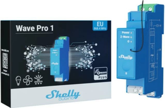 Switch Z-Wave smart, Shelly Wave PRO 1 (QBWAVPRO1), 1 kanal, montim në shinë DIN, blu