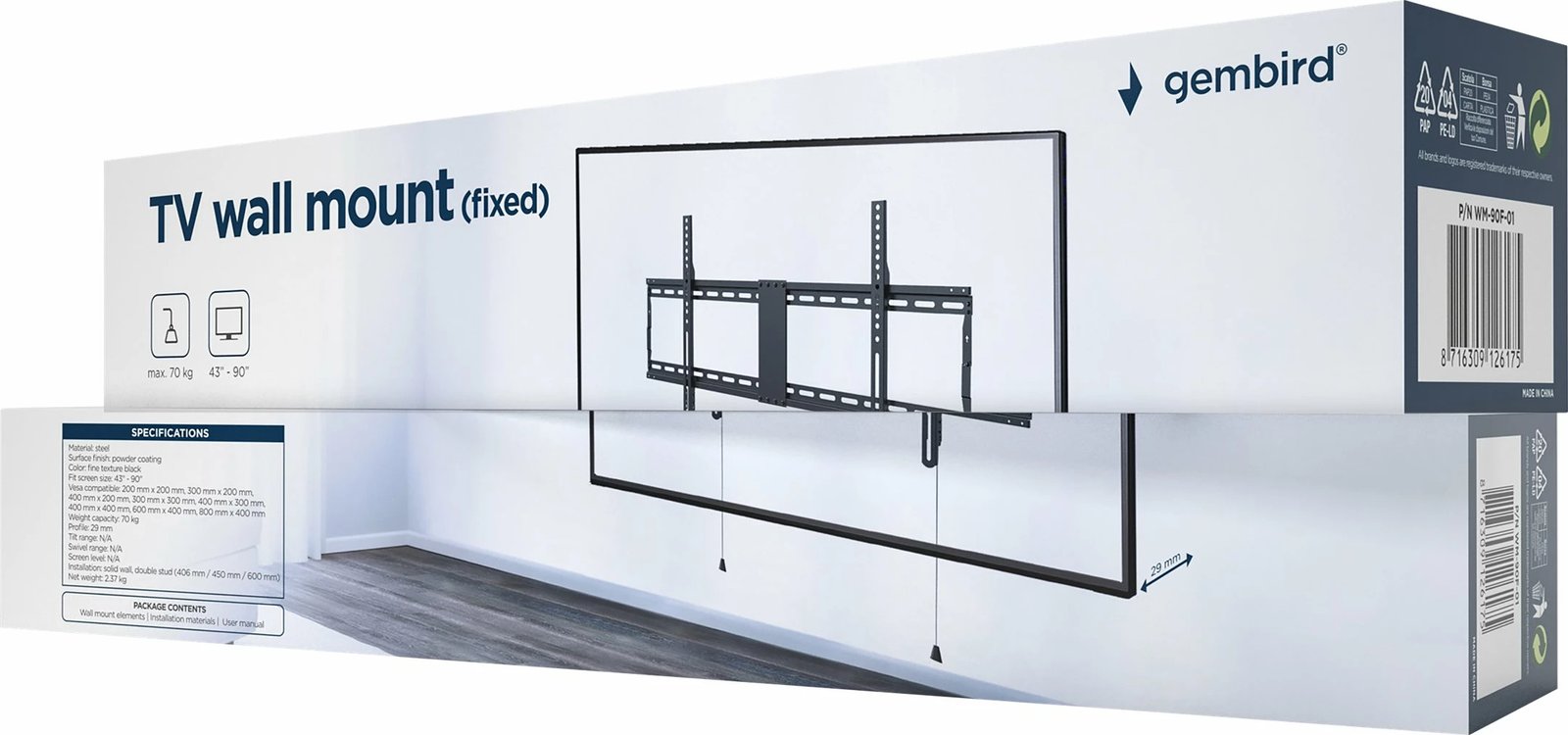 Mbajtës muri për TV Gembird WM-90F-01, për 43-90 inç, i zi