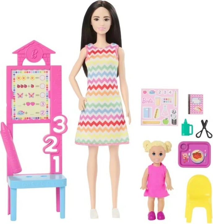 Set kukullash Barbie Mattel JCR71/JCR77, mësuese me nxënëse dhe aksesorë, shumëngjyrëshe