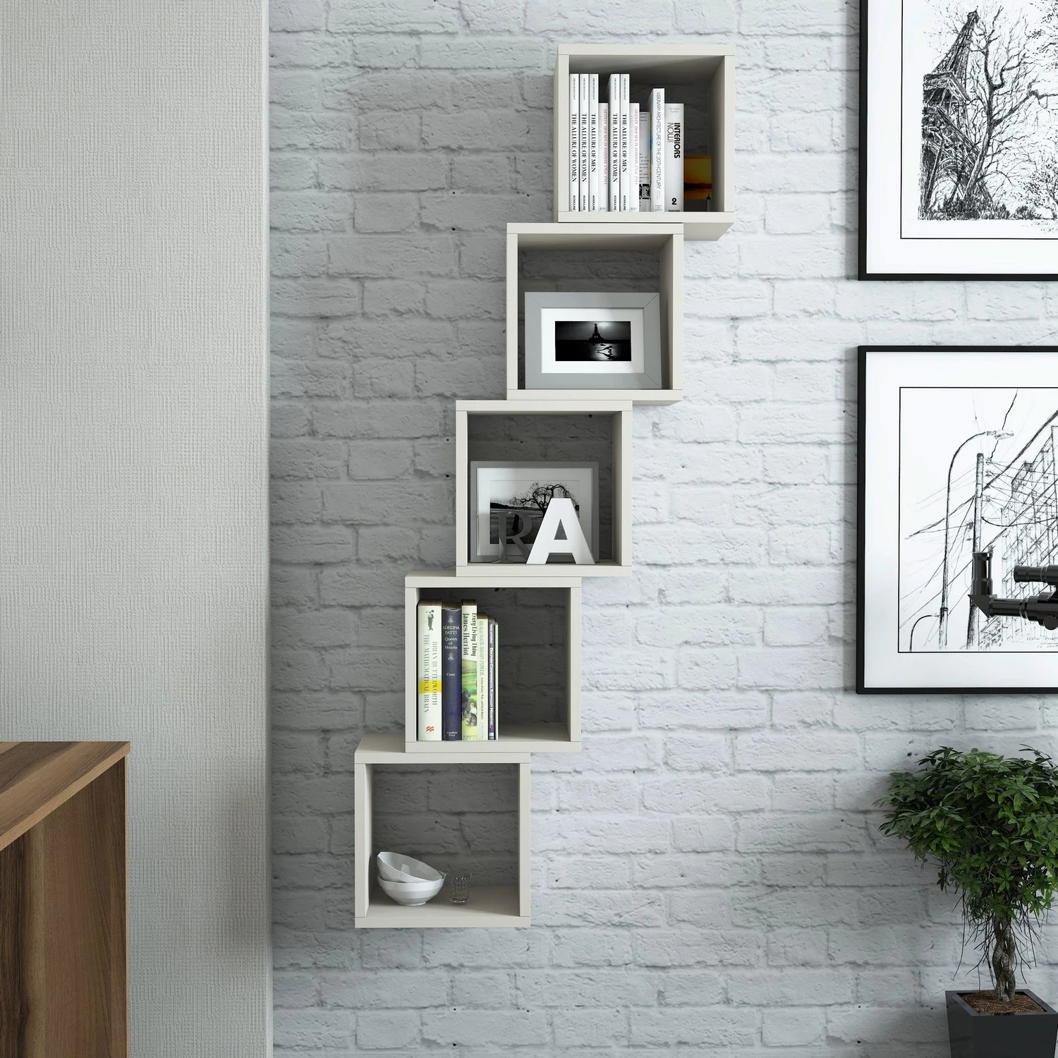Raft muri, formë kuti, krem, Skye Decor, 5 copë