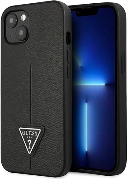 Mbështjellës Guess Saffiano Triangle për iPhone 13 mini, i fortë, i zi