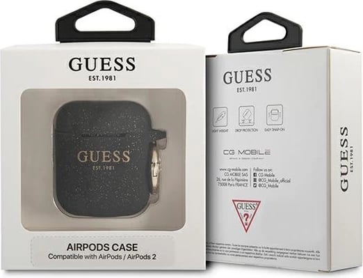 Mbështjellës Guess për AirPods 1/2, Silicone Glitter, i zi