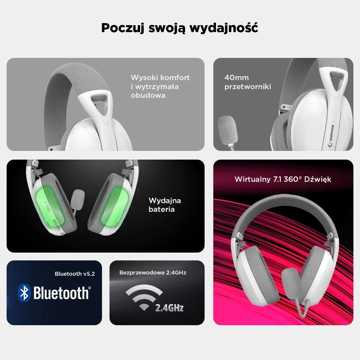 Kufje gaming Rampage CRACKH11, 7.1, wireless, të bardha