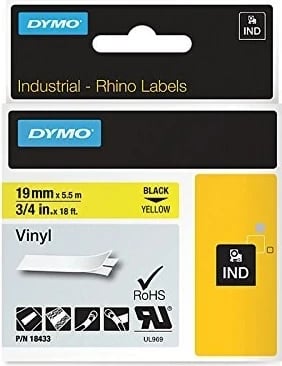 Shirit etiketa DYMO RHINO, Vinyl, 19mm x 5.5m, Zi në Verdhë