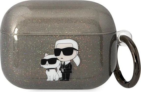 Mbështjellës Karl Lagerfeld KLAPHNKCTGK për AirPods Pro, Glitter Karl&Choupette, i zi, me unazë