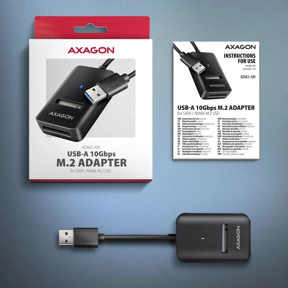 Adapter për SSD M.2 AXAGON ADM2-AM, USB 3.2 Gen 2, 10Gbps, i zi