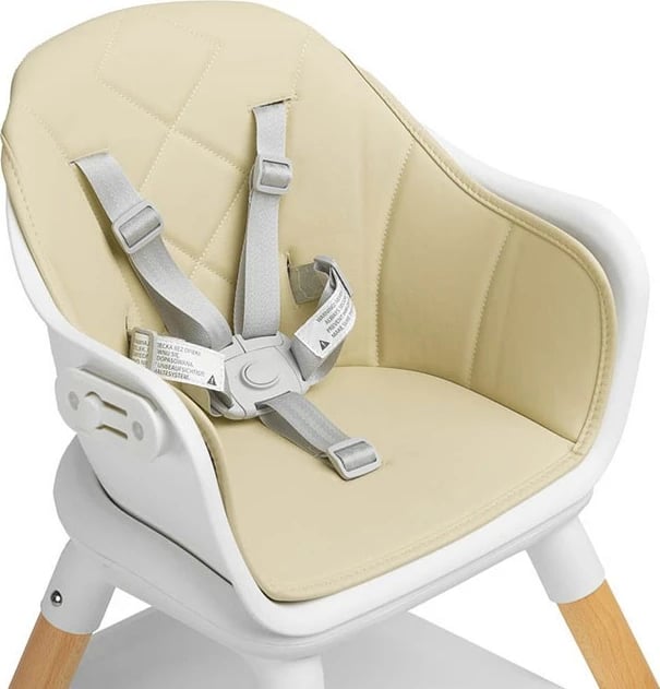 Karrige e lartë për fëmijë, CARETERO Bravo, multifunksionale me tabaka dhe mbështetëse këmbësh, këmbë druri, rrip 5-pikësh, bezhë