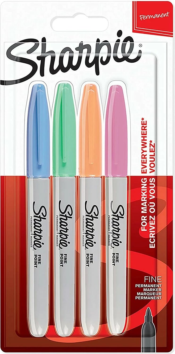 Set marker permanent Sharpie, 4 ngjyra, majë e hollë 1mm, kaltër gjelbër portokalli rozë