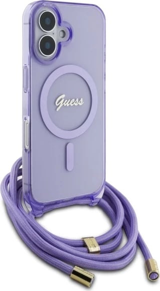 Mbështjellës Guess Crossbody Cord Script MagSafe për iPhone 16, Vjollcë