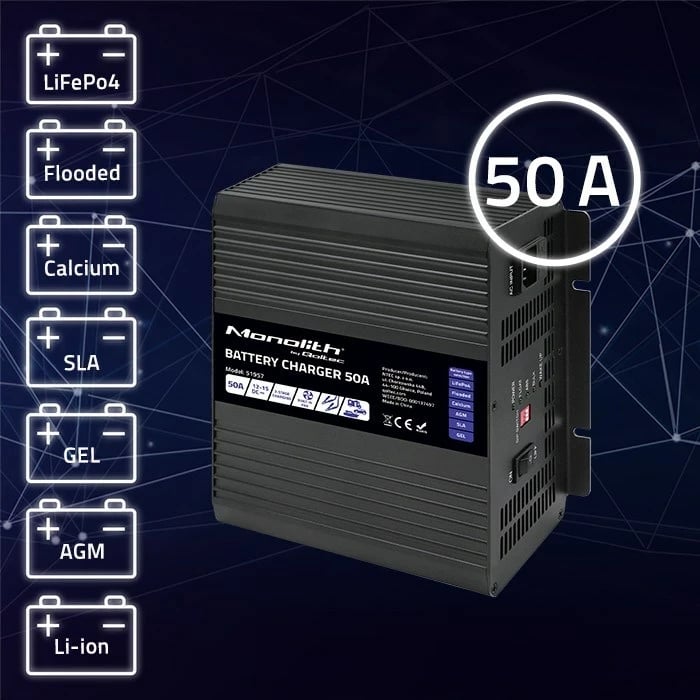 Karikues Qoltec Smart Monolith 50A për bateri LiFePO4 AGM GEL SLA