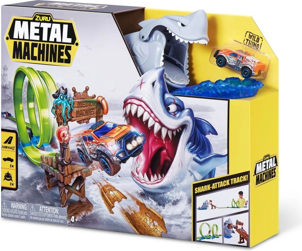 Set pistë garash Metal Machines ZURU Attack of the Shark, me makinë lodër, shumëngjyrëshe