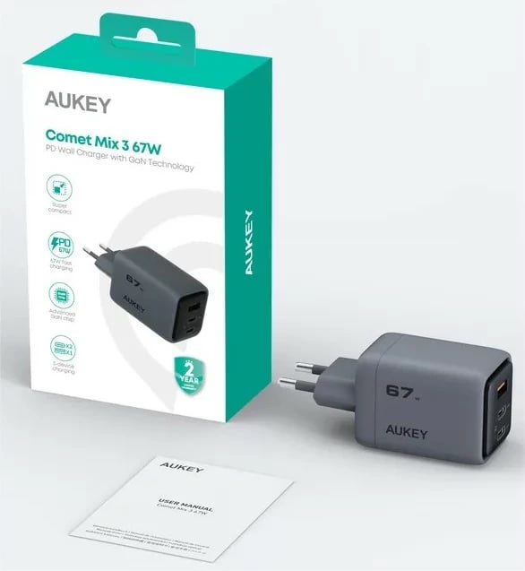 Karikues rrjeti AUKEY PA-C3 Comet Mix 3, 67W, 3xUSB (2xUSB-C + 1xUSB-A), Gri