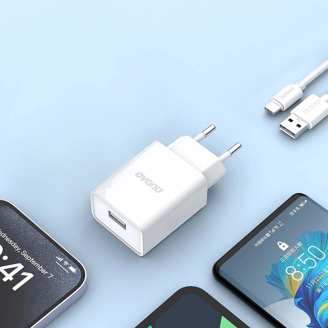 Karikues muri Dudao A4EU me USB-A 2.1A, me kabllo USB-A në USB-C, Bardhë
