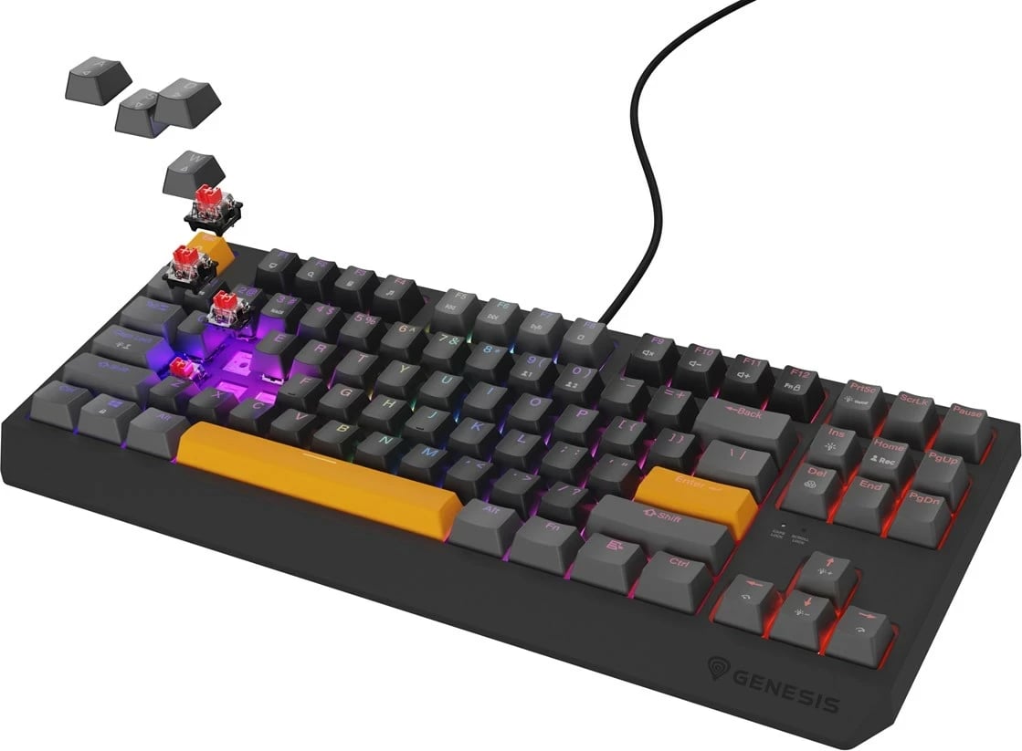 Tastierë mekanike GENESIS Thor 230 TKL, QWERTY, RGB, Wireless + Bluetooth + USB, Zezë/Gri/Portokalli